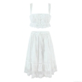 Women's Two Piece Set White Cotton Lace Embroidery Cami Crop Top And Ruffle Maxi Skirt Bohemian Hollow Out Summer Beach Vacation Outfit