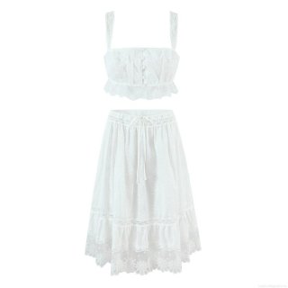 Women's Two Piece Set White Cotton Lace Embroidery Cami Crop Top And Ruffle Maxi Skirt Bohemian Hollow Out Summer Beach Vacation Outfit
