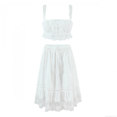 Women's Two Piece Set White Cotton Lace Embroidery Cami Crop Top And Ruffle Maxi Skirt Bohemian Hollow Out Summer Beach Vacation Outfit
