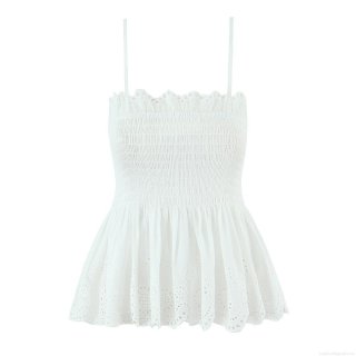 Women's White Eyelet Embroidery Two Piece Set Cotton Smocked Camisole Top and Tiered Ruffle Mini Skirt Summer Vacation Boho Outfit