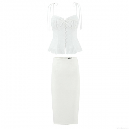 Elegant Women's White Lace Embroidered Two Piece Skirt Set Eyelet Spaghetti Strap Cami Top and High Waist Midi Pencil Skirt Summer Party Outfit