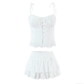 Women's White 100% Cotton Embroidered Two Piece Skirt Set Floral Lace-up Camisole Top and Ruffle Mini Skirt Summer Casual Outfits