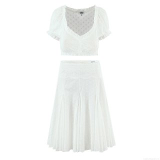 Women's French Retro Eyelet Embroidery Two Piece Set White 100% Cotton Puff Sleeve Crop Top and Ruffle A-Line Midi Skirt Pastoral Casual Outfits