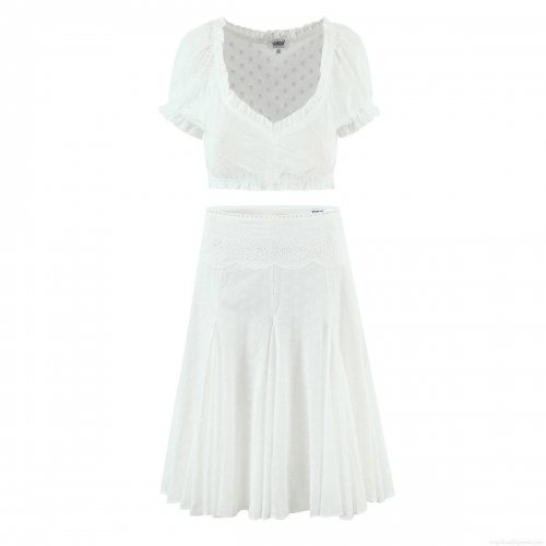 Women's French Retro Eyelet Embroidery Two Piece Set White 100% Cotton Puff Sleeve Crop Top and Ruffle A-Line Midi Skirt Pastoral Casual Outfits