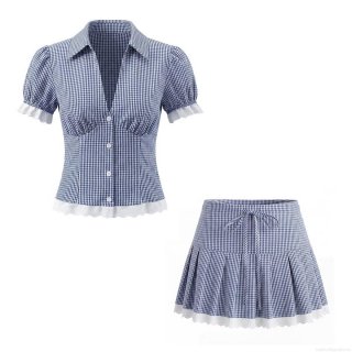 Women Blue Gingham Skirt Set Cotton Blend Lace Trim V-neck Short Sleeve Top And Pleated Mini Skirt Summer Casual French Retro Two Piece Outfit