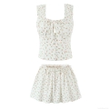 Women 100% Cotton Floral Skirt Set Square Neck Ruffle Strap Crop Top And Mini Skirt 2 Piece Summer Vacation Beach Party Sweet French Retro Outfits
