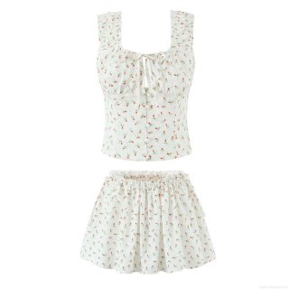 Women 100% Cotton Floral Skirt Set Square Neck Ruffle Strap Crop Top And Mini Skirt 2 Piece Summer Vacation Beach Party Sweet French Retro Outfits