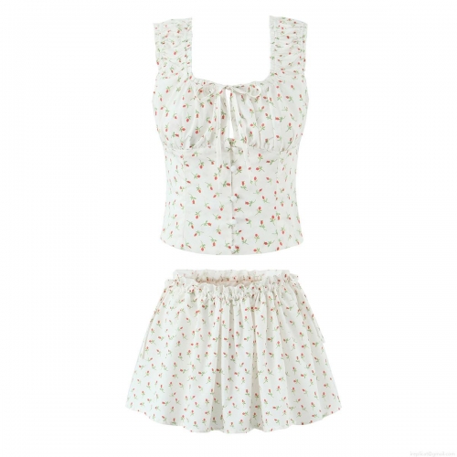 Women 100% Cotton Floral Skirt Set Square Neck Ruffle Strap Crop Top And Mini Skirt 2 Piece Summer Vacation Beach Party Sweet French Retro Outfits