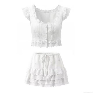 Women's 100% Cotton Embroidery Two Piece Set French Vintage Lace Crop Top And Tiered Ruffle Mini Cake Skirt Set Boho Summer Beach Vacation Outfit