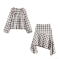 Women's Fashion Plaid Two Piece Skirt Set Square Neck Long Sleeve Puff Top And Irregular Hem Asymmetric Mini Skirt Streetwear Outfits