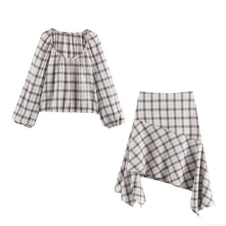Women's Fashion Plaid Two Piece Skirt Set Square Neck Long Sleeve Puff Top And Irregular Hem Asymmetric Mini Skirt Streetwear Outfits