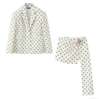 Women's Polka Dot Blazer and Skirt Set Polyester Two Piece Outfits with 3D Flower Asymmetric Hem Skirt Long Sleeve Casual Suit for Streetwear Party
