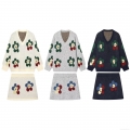 Women's Knit Two-Piece Skirt Set Flower Jacquard V-Neck Long Sleeve Sweater And Mini Skirt Warm Cozy Casual Outfit For Women Streetwear Autumn Winter