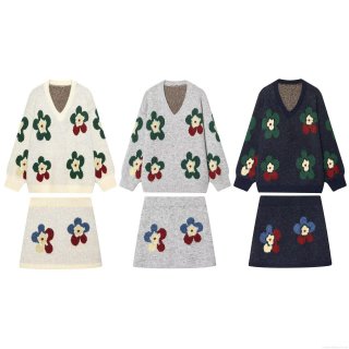 Women's Knit Two-Piece Skirt Set Flower Jacquard V-Neck Long Sleeve Sweater And Mini Skirt Warm Cozy Casual Outfit For Women Streetwear Autumn Winter