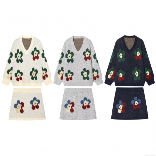 Women's Knit Two-Piece Skirt Set Flower Jacquard V-Neck Long Sleeve Sweater And Mini Skirt Warm Cozy Casual Outfit For Women Streetwear Autumn Winter