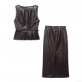 Women's Faux Leather Top and Midi Skirt Set Chic Deep Brown Sleeveless Vest With Belt High Waist Slit Skirt Streetwear Two Piece Outfit PU Leather Suit