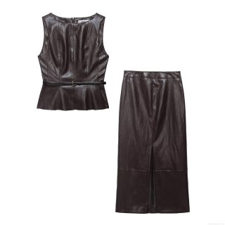 Women's Faux Leather Top and Midi Skirt Set Chic Deep Brown Sleeveless Vest With Belt High Waist Slit Skirt Streetwear Two Piece Outfit PU Leather Suit