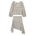 Women's Chic Gingham Plaid Seersucker Top And Asymmetric Hem Skirt Set Long Puff Sleeve Square Neck Casual Fashion Streetwear Two-Piece Outfits
