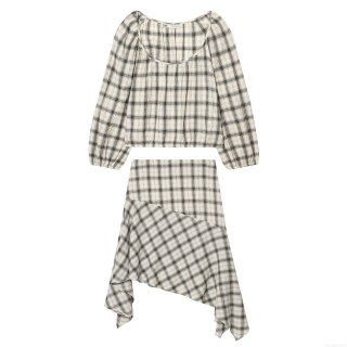 Women's Chic Gingham Plaid Seersucker Top And Asymmetric Hem Skirt Set Long Puff Sleeve Square Neck Casual Fashion Streetwear Two-Piece Outfits