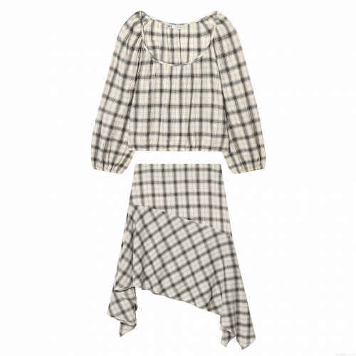 Women's Chic Gingham Plaid Seersucker Top And Asymmetric Hem Skirt Set Long Puff Sleeve Square Neck Casual Fashion Streetwear Two-Piece Outfits