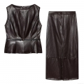 Women's PU Leather 2 Piece Skirt Set Sleeveless Peplum Top With Belt And Midi Side Split Skirt Fashion Streetwear Party Outfits