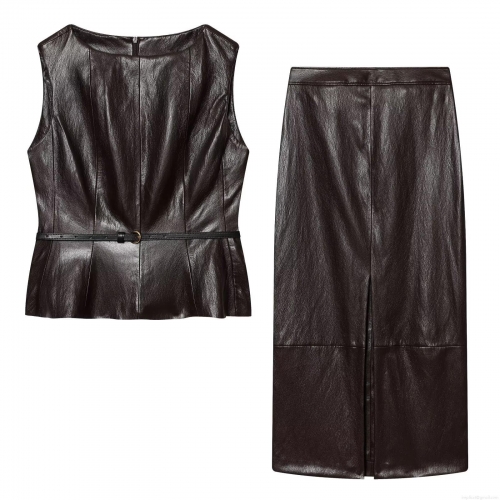 Women's PU Leather 2 Piece Skirt Set Sleeveless Peplum Top With Belt And Midi Side Split Skirt Fashion Streetwear Party Outfits