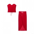 Women Red Velvet Two Piece Set Sexy Corset Top and Midi Wrap Skirt Solid Color Fishbone Bustier Lace Up Back Knot Front Party Club Outfits For Lady