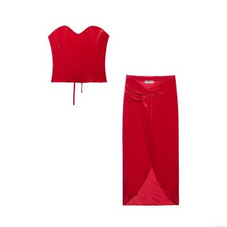 Women Red Velvet Two Piece Set Sexy Corset Top and Midi Wrap Skirt Solid Color Fishbone Bustier Lace Up Back Knot Front Party Club Outfits For Lady