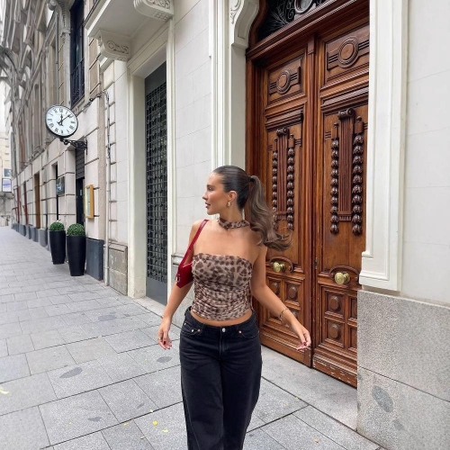 Women's Sexy Leopard Snake Print Ruched Halter Tube Top And High Waist Slim Midi Skirt Set Fashion Summer Clubwear Streetwear Outfits