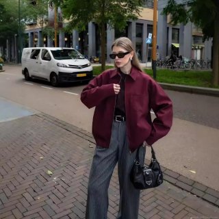 Women's Two-Piece Set 100% Polyester Lapel Zipper Jacket And Pleated Mini Skirt Elegant Solid Burgundy Casual Streetwear Outfit For Women