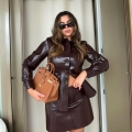 Women Shiny PU Leather Two-Piece Skirt Set Long Sleeve Button Up Shirt Jacket And High Waist Mini A-Line Skirt Co-ords Outfits Vintage Streetwear Clothing