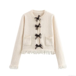 Women's 2 Piece Knit Skirt Set Cream Long Sleeve Round Neck Cardigan With Black Bow Knots And Fringe Mini Skirt Casual Chic Outfit For Women