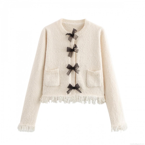 Women's 2 Piece Knit Skirt Set Cream Long Sleeve Round Neck Cardigan With Black Bow Knots And Fringe Mini Skirt Casual Chic Outfit For Women