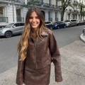 Women's Vintage Dark Brown Faux Leather Jacket and Mini Skirt Set PU Moto Biker Two Piece Outfits with Lapel Zipper Streetwear