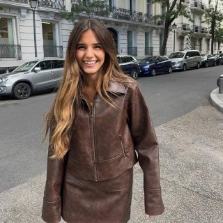 Women's Vintage Dark Brown Faux Leather Jacket and Mini Skirt Set PU Moto Biker Two Piece Outfits with Lapel Zipper Streetwear