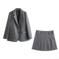 French Style Pinstripe Wool Blend Blazer And Pleated Mini Skirt Set Long Sleeve Casual Office Lady Suit Outfit Grey