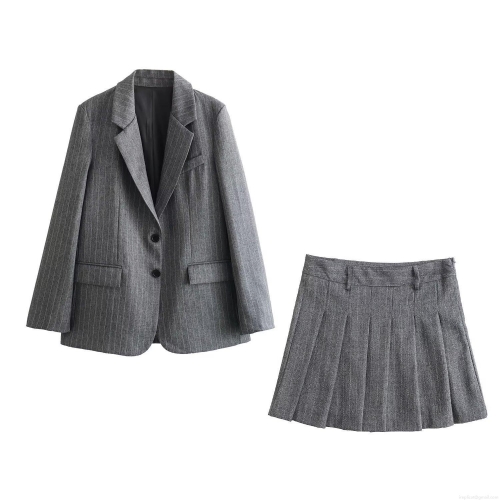 French Style Pinstripe Wool Blend Blazer And Pleated Mini Skirt Set Long Sleeve Casual Office Lady Suit Outfit Grey