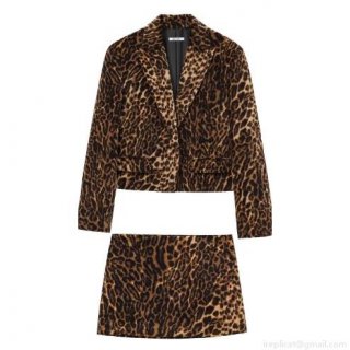 Women's Fashion Leopard Print Velveteen Polyester Two Piece Set Long Sleeve Crop Blazer Jacket and Mini Skirt Streetwear Fashion Suit Outfit