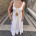 Women's 2 Piece White Lace Skirt Set French Vacation Style Cotton Blend Hollow Out Camisole Top Tiered Maxi Skirt Boho Beach Outfit