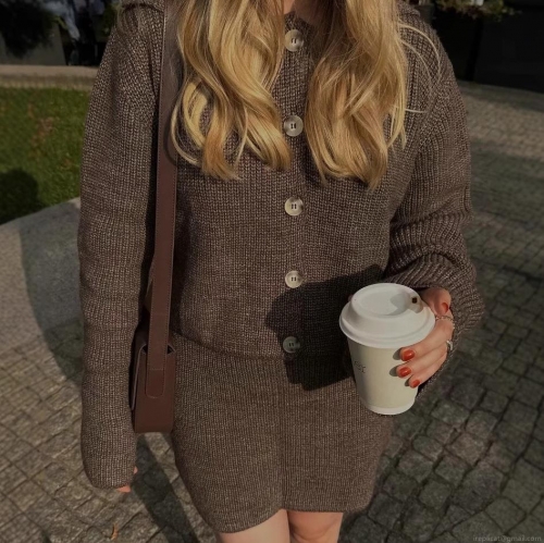 Women's 2 Piece Knit Skirt Set Turn Down Collar Button Up Cardigan And High Waist Mini Skirt Outfits For Autumn Winter Casual Streetwear