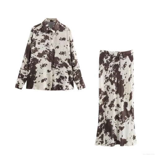 Women's Satin Two Piece Set Cow Print Long Sleeve Button Down Shirt And Belted Midi Skirt Casual Streetwear Spring Outfit