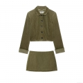 Women's Casual Olive Green Corduroy Two-Piece Set Long Sleeve Crop Jacket and High Waist Mini Skirt Streetwear Fashion Outfits For Women