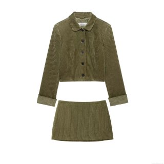 Women's Casual Olive Green Corduroy Two-Piece Set Long Sleeve Crop Jacket and High Waist Mini Skirt Streetwear Fashion Outfits For Women