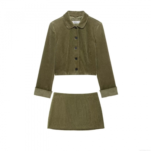 Women's Casual Olive Green Corduroy Two-Piece Set Long Sleeve Crop Jacket and High Waist Mini Skirt Streetwear Fashion Outfits For Women