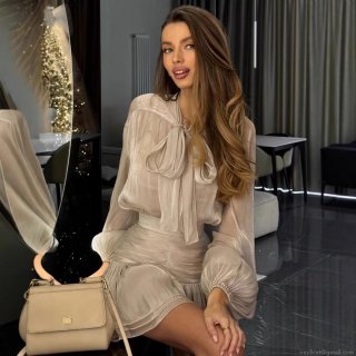 Women's Fashion Two Piece Skirt Set Long Sleeve Bow Tie Satin Blouse and Pleated Mini Skirt Set Streetwear Party Outfit for Ladies