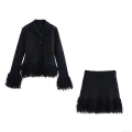 Women's Knit Fringe Two Piece Skirt Set Long Sleeve Lapel Cardigan And Mini Skirt Outfits Streetwear Solid Black Casual Clothing