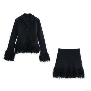 Women's Knit Fringe Two Piece Skirt Set Long Sleeve Lapel Cardigan And Mini Skirt Outfits Streetwear Solid Black Casual Clothing