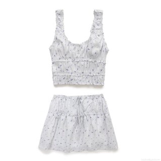 Women's Summer Floral Print Two Piece Set Smocked Ruffle Cami Crop Top and Drawstring Layered Mini Skirt Boho Casual Beach Outfit