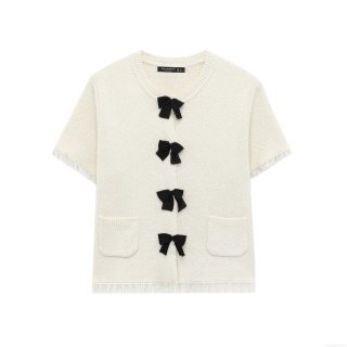 Women Elegant Knit Two Piece Set Black Bow Button Short Sleeve Cardigan And Fringe Mini Skirt Tweed Style Outfit For Spring Office Party Lady