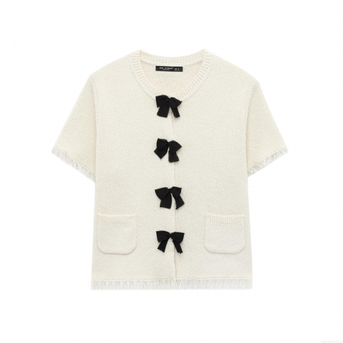 Women Elegant Knit Two Piece Set Black Bow Button Short Sleeve Cardigan And Fringe Mini Skirt Tweed Style Outfit For Spring Office Party Lady